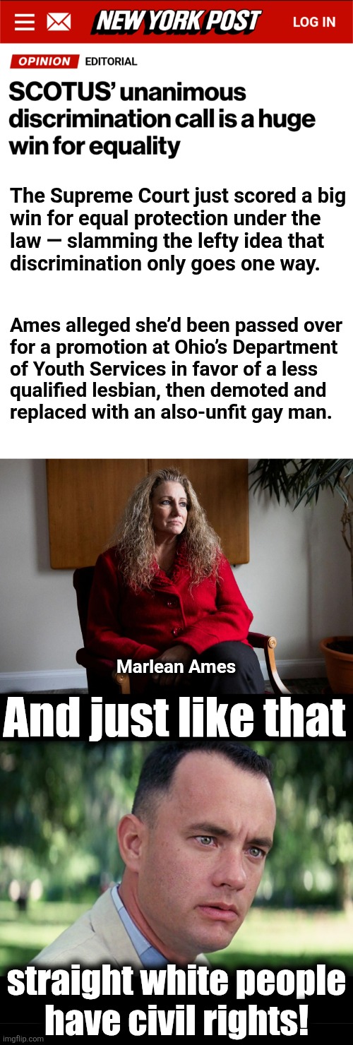 This is equality and justice, which the democrats hate | The Supreme Court just scored a big
win for equal protection under the
law — slamming the lefty idea that
discrimination only goes one way. Ames alleged she’d been passed over
for a promotion at Ohio’s Department
of Youth Services in favor of a less
qualified lesbian, then demoted and
replaced with an also-unfit gay man. Marlean Ames; And just like that; straight white people
have civil rights! | image tagged in memes,and just like that,marlean ames,discrimination,supreme court,democrats | made w/ Imgflip meme maker