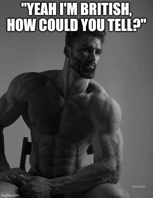 "YEAH I'M BRITISH, HOW COULD YOU TELL?" | image tagged in giga chad | made w/ Imgflip meme maker