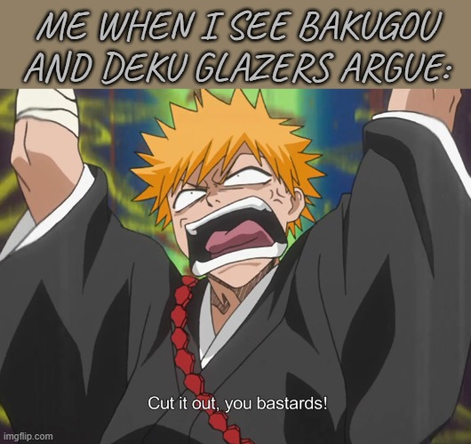 Cut it out, you bastards! | ME WHEN I SEE BAKUGOU AND DEKU GLAZERS ARGUE: | image tagged in cut it out you bastards,bleach,my hero academia,anime,cringe,immature | made w/ Imgflip meme maker