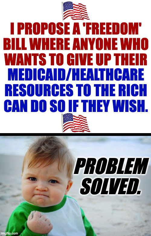 This is why I make the big money. | I PROPOSE A 'FREEDOM'
BILL WHERE ANYONE WHO
WANTS TO GIVE UP THEIR; MEDICAID/HEALTHCARE
RESOURCES TO THE RICH
CAN DO SO IF THEY WISH. PROBLEM SOLVED. | image tagged in memes,success kid original,problem solved | made w/ Imgflip meme maker