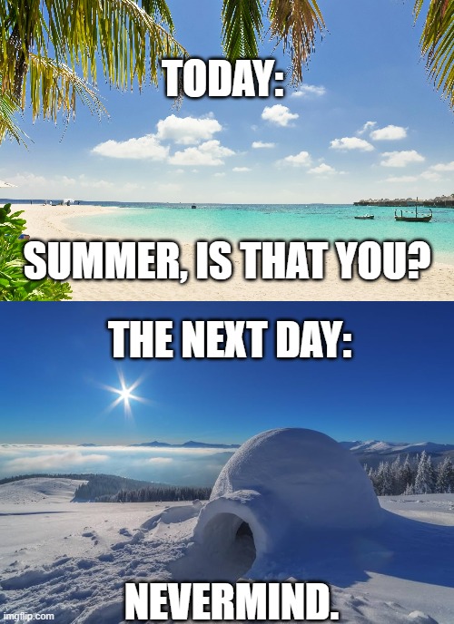The cold front is going to be extreme tomorrow. | TODAY:; SUMMER, IS THAT YOU? THE NEXT DAY:; NEVERMIND. | image tagged in weather,summer,fun | made w/ Imgflip meme maker