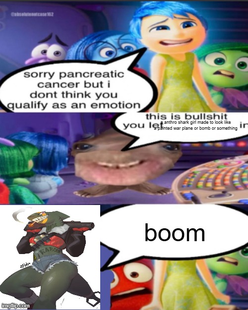 i got a whole folder of shark women and i need more | a anthro shark girl made to look like a painted war plane or bomb or something; boom | image tagged in sorry pancreatic cancer but i don t think you qualify as an emot | made w/ Imgflip meme maker