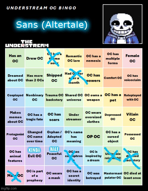 only evil if on genocide run | Sans (Altertale); HALF; KINDA | image tagged in understream oc bingo by interactionsystem | made w/ Imgflip meme maker
