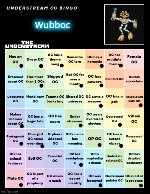 UNDERSTREAM OC BINGO (By InteractionSystem) | Wubboc | image tagged in understream oc bingo by interactionsystem | made w/ Imgflip meme maker