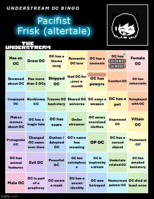 altertale frisk | Pacifist Frisk (altertale); costumes
(armour); determination | image tagged in understream oc bingo by interactionsystem | made w/ Imgflip meme maker