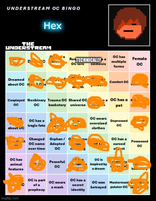 So what do I need for a bingo? | Hex; TECHNICALLY | image tagged in understream oc bingo by interactionsystem | made w/ Imgflip meme maker