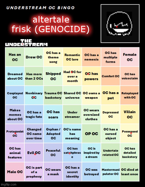 UNDERSTREAM OC BINGO (By InteractionSystem) | altertale frisk (GENOCIDE) | image tagged in understream oc bingo by interactionsystem | made w/ Imgflip meme maker