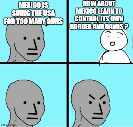 Liberals: Blame Someone Else | HOW ABOUT MEXICO LEARN TO CONTROL ITS OWN BORDER AND GANGS ? MEXICO IS SUING THE USA FOR TOO MANY GUNS | image tagged in npc meme,leftists,mexico,cartel,democrats | made w/ Imgflip meme maker