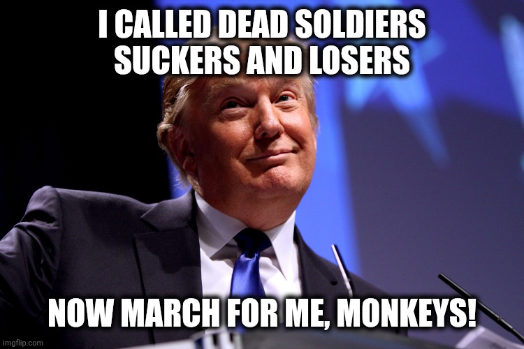 Losers | I CALLED DEAD SOLDIERS
SUCKERS AND LOSERS; NOW MARCH FOR ME, MONKEYS! | image tagged in donald trump no2 | made w/ Imgflip meme maker