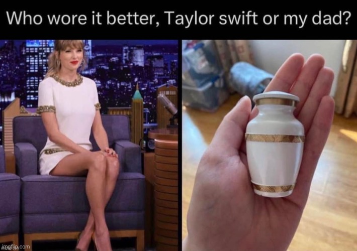 Dad lowkey cooked | WHO WORE IT BETTER, TAYLOR SWIFT OR MY DAD? | image tagged in memes,dark humor,taylor swift,fatherless,not a repost | made w/ Imgflip meme maker