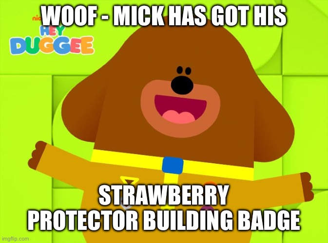 Hey Duggee | WOOF - MICK HAS GOT HIS; STRAWBERRY PROTECTOR BUILDING BADGE | image tagged in hey duggee | made w/ Imgflip meme maker