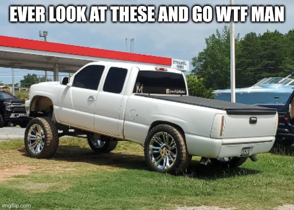 people with one braincell drive shit like this | EVER LOOK AT THESE AND GO WTF MAN | image tagged in squatted truck | made w/ Imgflip meme maker