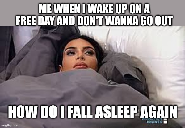 Kim Kardashian in Bed | ME WHEN I WAKE UP ON A FREE DAY AND DON'T WANNA GO OUT; HOW DO I FALL ASLEEP AGAIN | image tagged in kim kardashian in bed | made w/ Imgflip meme maker