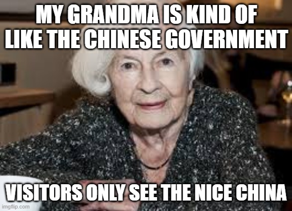 Grandmother | MY GRANDMA IS KIND OF LIKE THE CHINESE GOVERNMENT; VISITORS ONLY SEE THE NICE CHINA | image tagged in grandmother | made w/ Imgflip meme maker