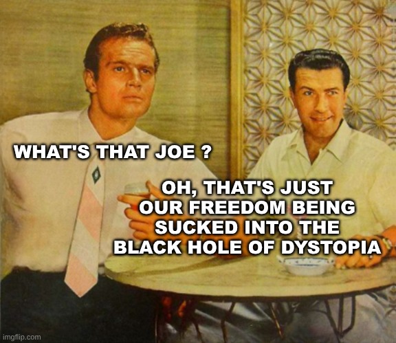 Dystopia | OH, THAT'S JUST OUR FREEDOM BEING SUCKED INTO THE BLACK HOLE OF DYSTOPIA; WHAT'S THAT JOE ? | image tagged in black hole,dystopia,society,sucks,freedom,what if i told you | made w/ Imgflip meme maker