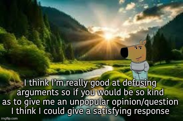 Too lazy to make a new template ngl | I think I’m really good at defusing arguments so if you would be so kind as to give me an unpopular opinion/question I think I could give a satisfying response | image tagged in chill guy | made w/ Imgflip meme maker