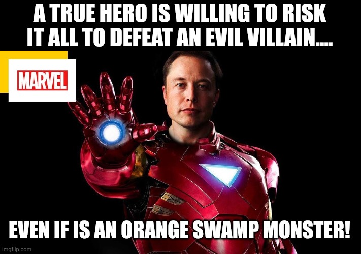 The real ironman | A TRUE HERO IS WILLING TO RISK IT ALL TO DEFEAT AN EVIL VILLAIN.... EVEN IF IS AN ORANGE SWAMP MONSTER! | image tagged in elon musk,musk,donald trump,trump,maga,trump supporters | made w/ Imgflip meme maker
