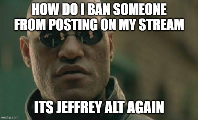 a 70 year old | HOW DO I BAN SOMEONE FROM POSTING ON MY STREAM; ITS JEFFREY ALT AGAIN | image tagged in memes,matrix morpheus | made w/ Imgflip meme maker