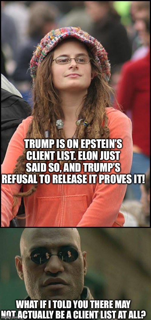 Everyone asks questions. Let’s see if we ask the right ones | TRUMP IS ON EPSTEIN’S CLIENT LIST. ELON JUST SAID SO, AND TRUMP’S REFUSAL TO RELEASE IT PROVES IT! WHAT IF I TOLD YOU THERE MAY NOT ACTUALLY BE A CLIENT LIST AT ALL? | image tagged in memes,college liberal,matrix morpheus | made w/ Imgflip meme maker