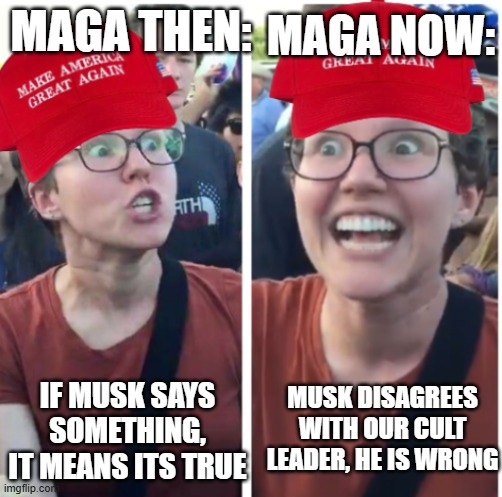 What happened to "Go Musk!" | MAGA NOW:; MAGA THEN:; IF MUSK SAYS SOMETHING, IT MEANS ITS TRUE; MUSK DISAGREES WITH OUR CULT LEADER, HE IS WRONG | image tagged in maga hypocrisy | made w/ Imgflip meme maker
