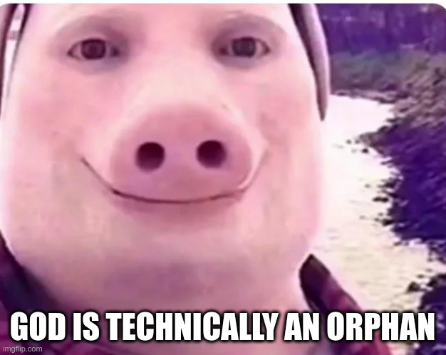 pig face | GOD IS TECHNICALLY AN ORPHAN | image tagged in pig face | made w/ Imgflip meme maker