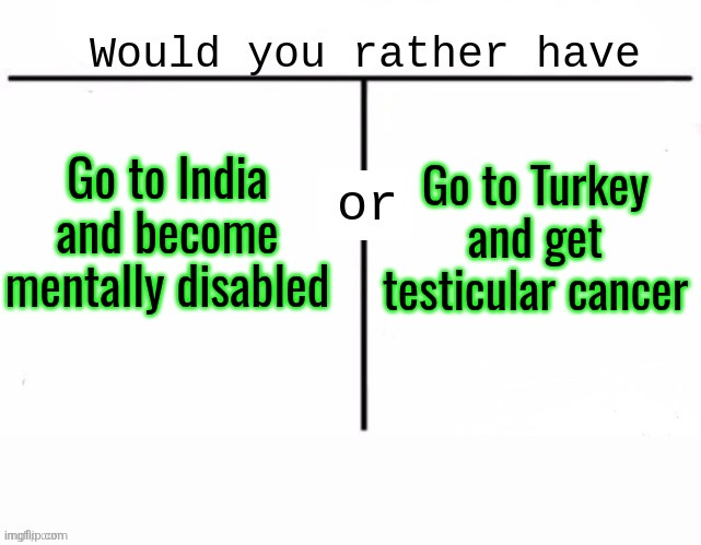 Would you rather have template | Go to India and become mentally disabled; Go to Turkey and get testicular cancer | image tagged in would you rather have template | made w/ Imgflip meme maker