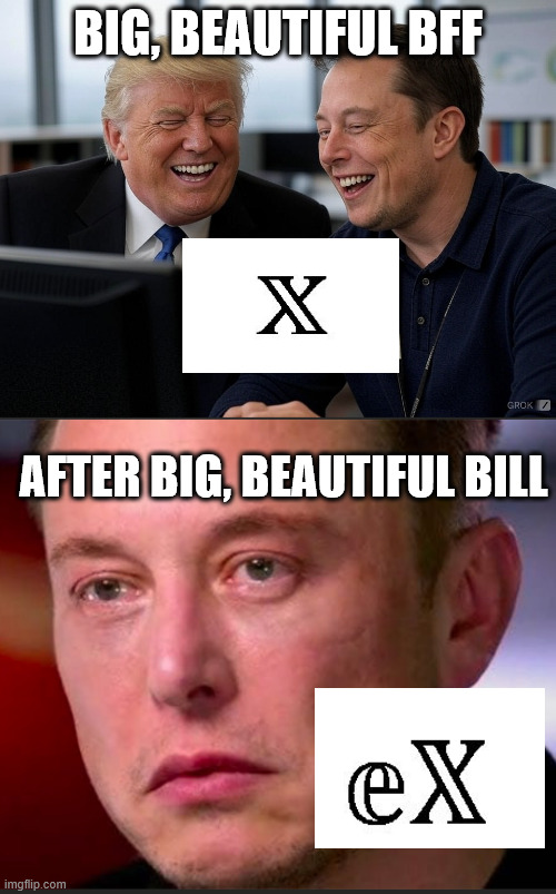 eX | BIG, BEAUTIFUL BFF; AFTER BIG, BEAUTIFUL BILL | image tagged in trump and elon laughing,sad elon | made w/ Imgflip meme maker
