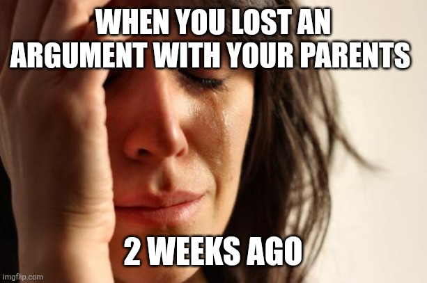 How did I loose though | WHEN YOU LOST AN ARGUMENT WITH YOUR PARENTS; 2 WEEKS AGO | image tagged in memes,first world problems,parenting,argument,kids,get over it | made w/ Imgflip meme maker