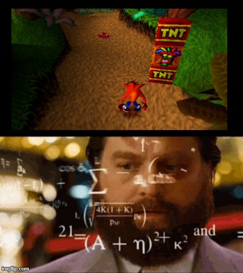 2 TNT crates and 1 Aku aku box | image tagged in confused math man,crash bandicoot,crash bandicoot 1,ps1,playstation | made w/ Imgflip meme maker