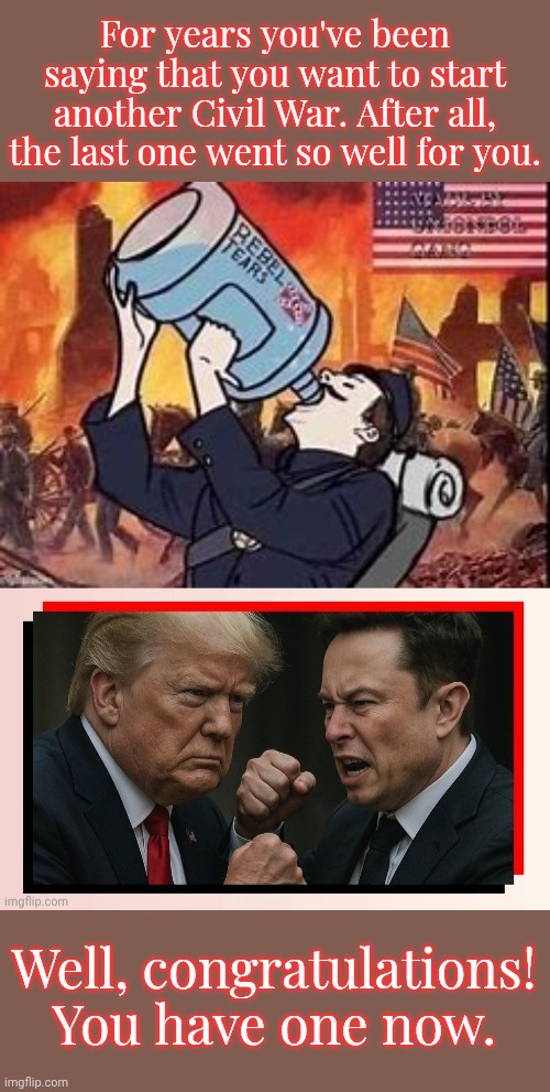 Be careful what you wish for. | For years you've been saying that you want to start another Civil War. After all, the last one went so well for you. Well, congratulations! You have one now. | image tagged in union victory,trump vs musk,history,arrogant rich man,malignant narcissism,what gives people feelings of power | made w/ Imgflip meme maker