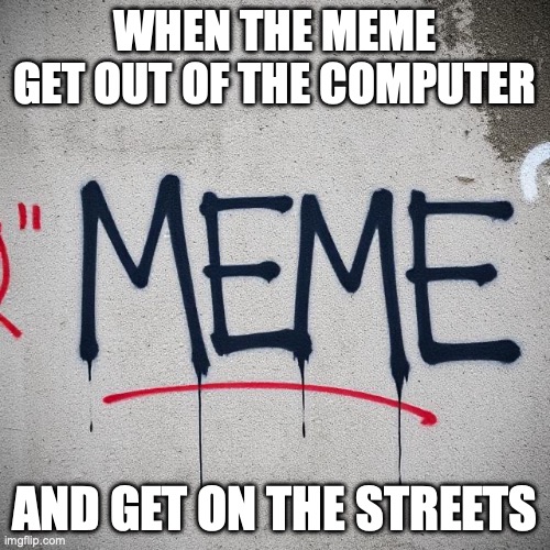 Meme Graffiti | WHEN THE MEME GET OUT OF THE COMPUTER; AND GET ON THE STREETS | image tagged in meme,graffiti,street art,wall | made w/ Imgflip meme maker