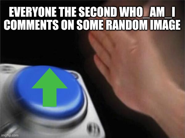 Don't foget the looooong comment chain | EVERYONE THE SECOND WHO_AM_I COMMENTS ON SOME RANDOM IMAGE | image tagged in memes,blank nut button | made w/ Imgflip meme maker