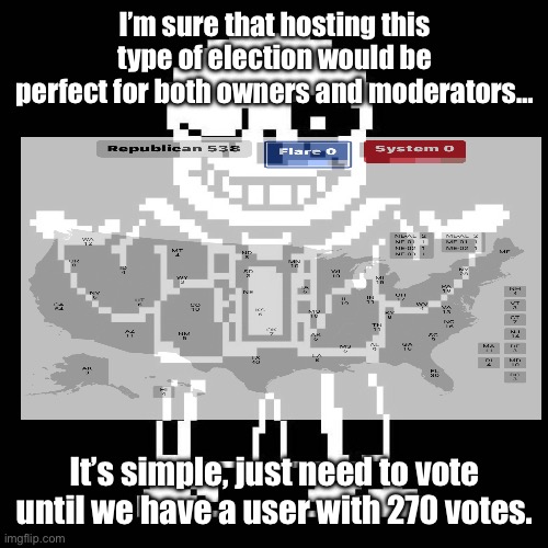 This is useful, trust me here. | I’m sure that hosting this type of election would be perfect for both owners and moderators…; It’s simple, just need to vote until we have a user with 270 votes. | image tagged in sans undertale,sans of topic,election,cmon | made w/ Imgflip meme maker