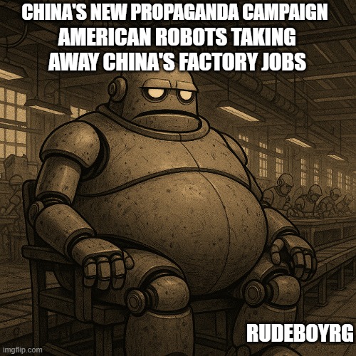 China Propaganda - American Robots Take Away Chinese Factory Jobs | CHINA'S NEW PROPAGANDA CAMPAIGN; AMERICAN ROBOTS TAKING AWAY CHINA'S FACTORY JOBS; RUDEBOYRG | image tagged in chinese propagana,robots,factory jobs,american jobs,sweats shops | made w/ Imgflip meme maker
