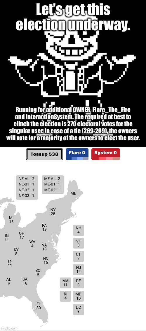 Currently voting for the state of Delaware for 3 electoral votes. The people’s vote begins. | Let’s get this election underway. Running for additional OWNER, Flare_The_Fire and InteractionSystem. The required at best to clinch the election is 270 electoral votes for the singular user. In case of a tie (269-269), the owners will vote for a majority of the owners to elect the user. | image tagged in sans undertale,sans of topic,election | made w/ Imgflip meme maker
