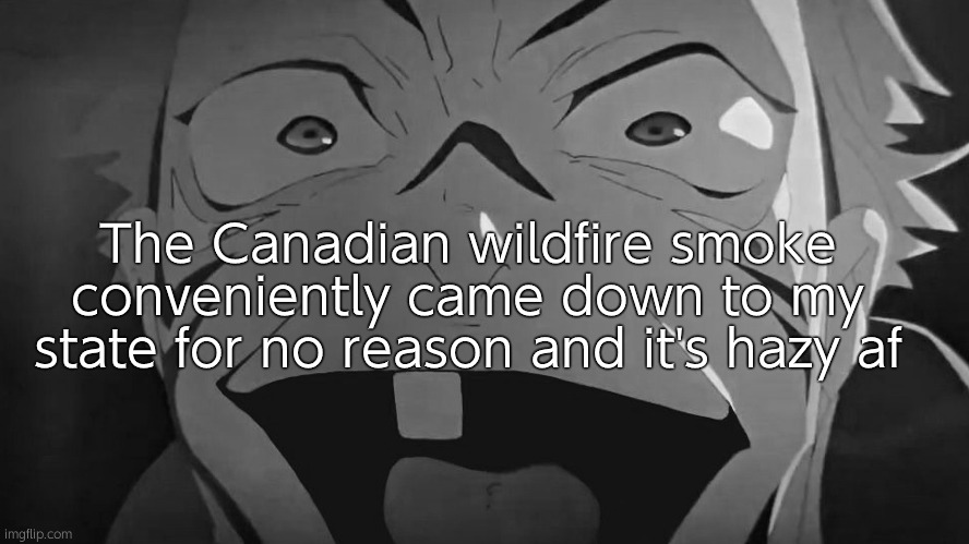 When I was driving you could just look in a distance and the visibility wasn't very good | The Canadian wildfire smoke conveniently came down to my state for no reason and it's hazy af | image tagged in thukuna | made w/ Imgflip meme maker