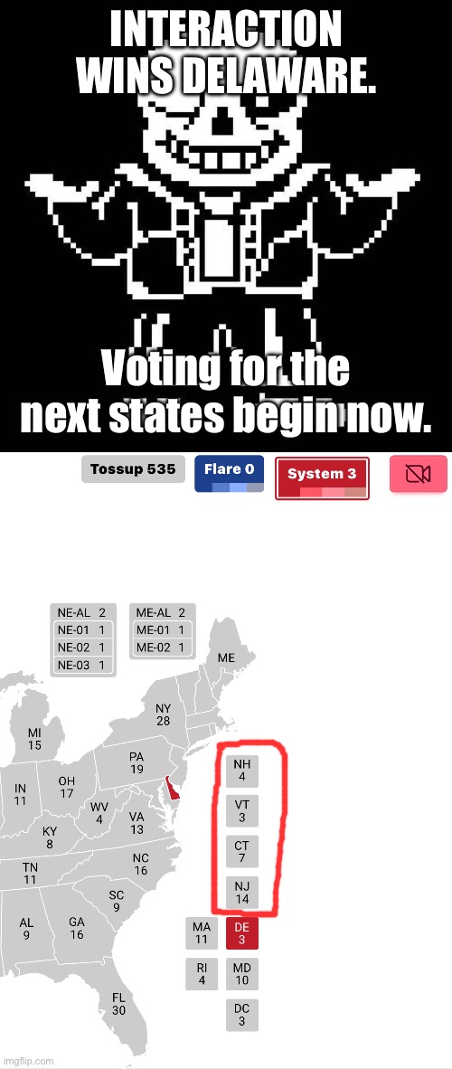 0-3, Interaction. More info will be in the comments. | INTERACTION WINS DELAWARE. Voting for the next states begin now. | image tagged in sans undertale,sans of topic,election | made w/ Imgflip meme maker