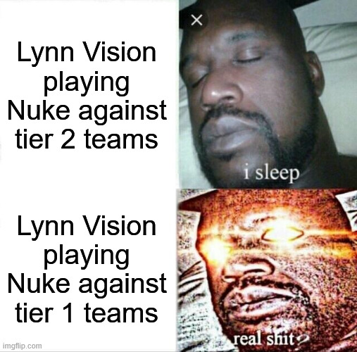 Sleeping Shaq Meme | Lynn Vision playing Nuke against tier 2 teams; Lynn Vision playing Nuke against tier 1 teams | image tagged in memes,sleeping shaq | made w/ Imgflip meme maker