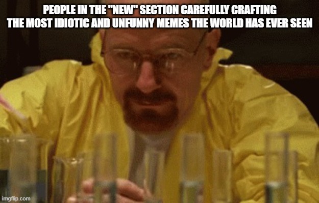 Walter White Cooking | PEOPLE IN THE "NEW" SECTION CAREFULLY CRAFTING THE MOST IDIOTIC AND UNFUNNY MEMES THE WORLD HAS EVER SEEN | image tagged in walter white cooking | made w/ Imgflip meme maker