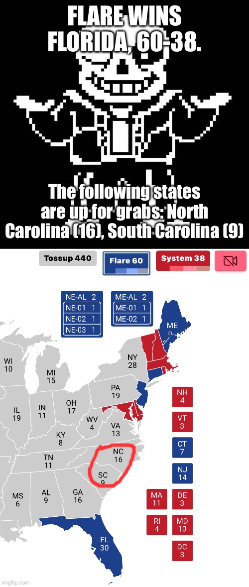 Voting will end at 4:40 PM PST. A big turn for Flare for the owner race! | FLARE WINS FLORIDA, 60-38. The following states are up for grabs: North Carolina (16), South Carolina (9) | image tagged in sans undertale | made w/ Imgflip meme maker