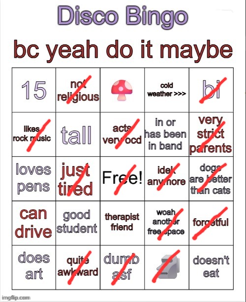 Disco bingo but slightly less terrible | image tagged in disco bingo but slightly less terrible | made w/ Imgflip meme maker