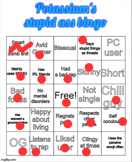 Potassium's stupid ass bingo | image tagged in potassium's stupid ass bingo | made w/ Imgflip meme maker