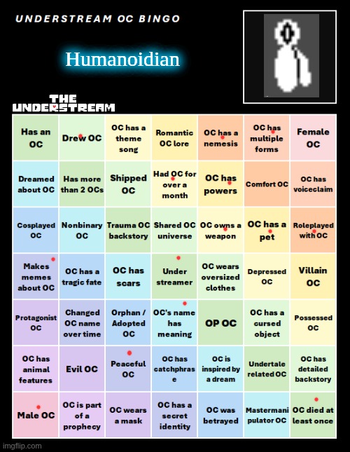 ask questions about the stuff i haven't revealed | Humanoidian | image tagged in understream oc bingo by interactionsystem | made w/ Imgflip meme maker