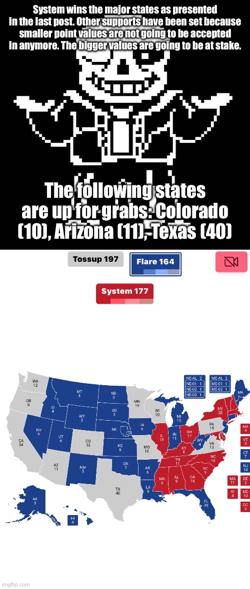 (164-177), multiple smaller states go to Flare but System earns the majors as presented earlier. | System wins the major states as presented in the last post. Other supports have been set because smaller point values are not going to be accepted in anymore. The bigger values are going to be at stake. The following states are up for grabs: Colorado (10), Arizona (11), Texas (40) | image tagged in sans undertale | made w/ Imgflip meme maker