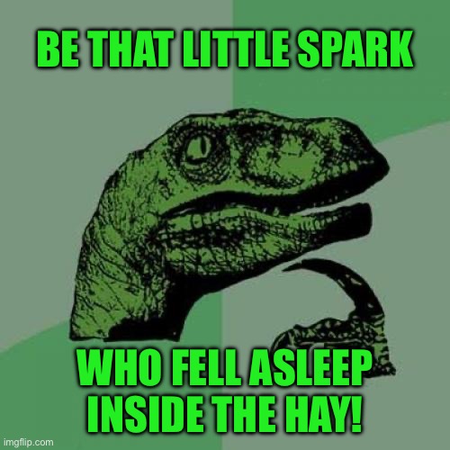 Philosoraptor | BE THAT LITTLE SPARK; WHO FELL ASLEEP INSIDE THE HAY! | image tagged in memes,philosoraptor | made w/ Imgflip meme maker