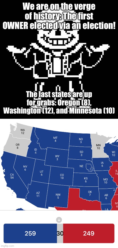 WE ARE AT THE FINAL STRETCH! 259-249! Polls end at 6:30! | We are on the verge of history: The first OWNER elected via an election! The last states are up for grabs: Oregon (8), Washington (12), and Minnesota (10) | image tagged in sans undertale | made w/ Imgflip meme maker