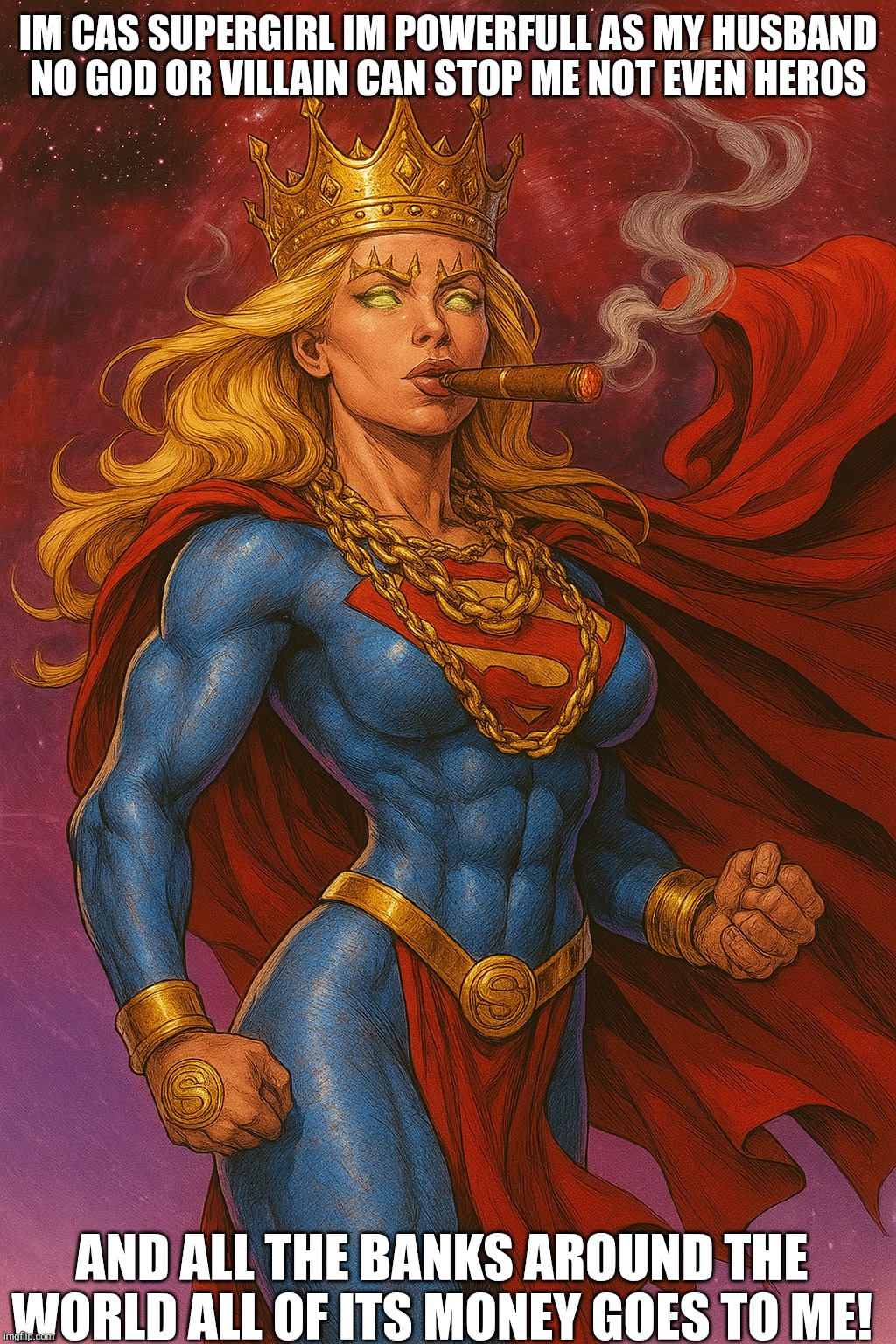 Gold digger gods meme | IM CAS SUPERGIRL IM POWERFULL AS MY HUSBAND NO GOD OR VILLAIN CAN STOP ME NOT EVEN HEROS; AND ALL THE BANKS AROUND THE WORLD ALL OF ITS MONEY GOES TO ME! | image tagged in cosmic armor supergirl | made w/ Imgflip meme maker