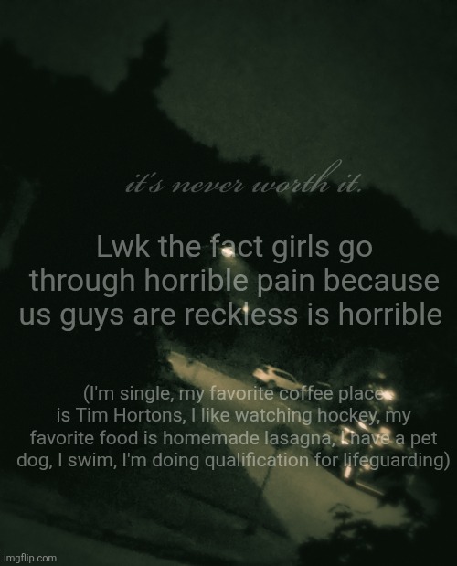 Single btw | Lwk the fact girls go through horrible pain because us guys are reckless is horrible; (I'm single, my favorite coffee place is Tim Hortons, I like watching hockey, my favorite food is homemade lasagna, I have a pet dog, I swim, I'm doing qualification for lifeguarding) | image tagged in single btw | made w/ Imgflip meme maker