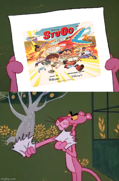 pink panther hates stugo who? | image tagged in pink panther hates meme who,disney channel,tv shows | made w/ Imgflip meme maker