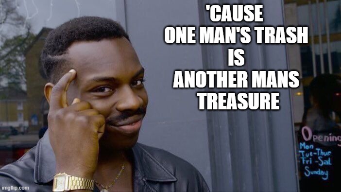 Roll Safe Think About It Meme | 'CAUSE 
ONE MAN'S TRASH
IS
ANOTHER MANS
 TREASURE | image tagged in memes,roll safe think about it | made w/ Imgflip meme maker